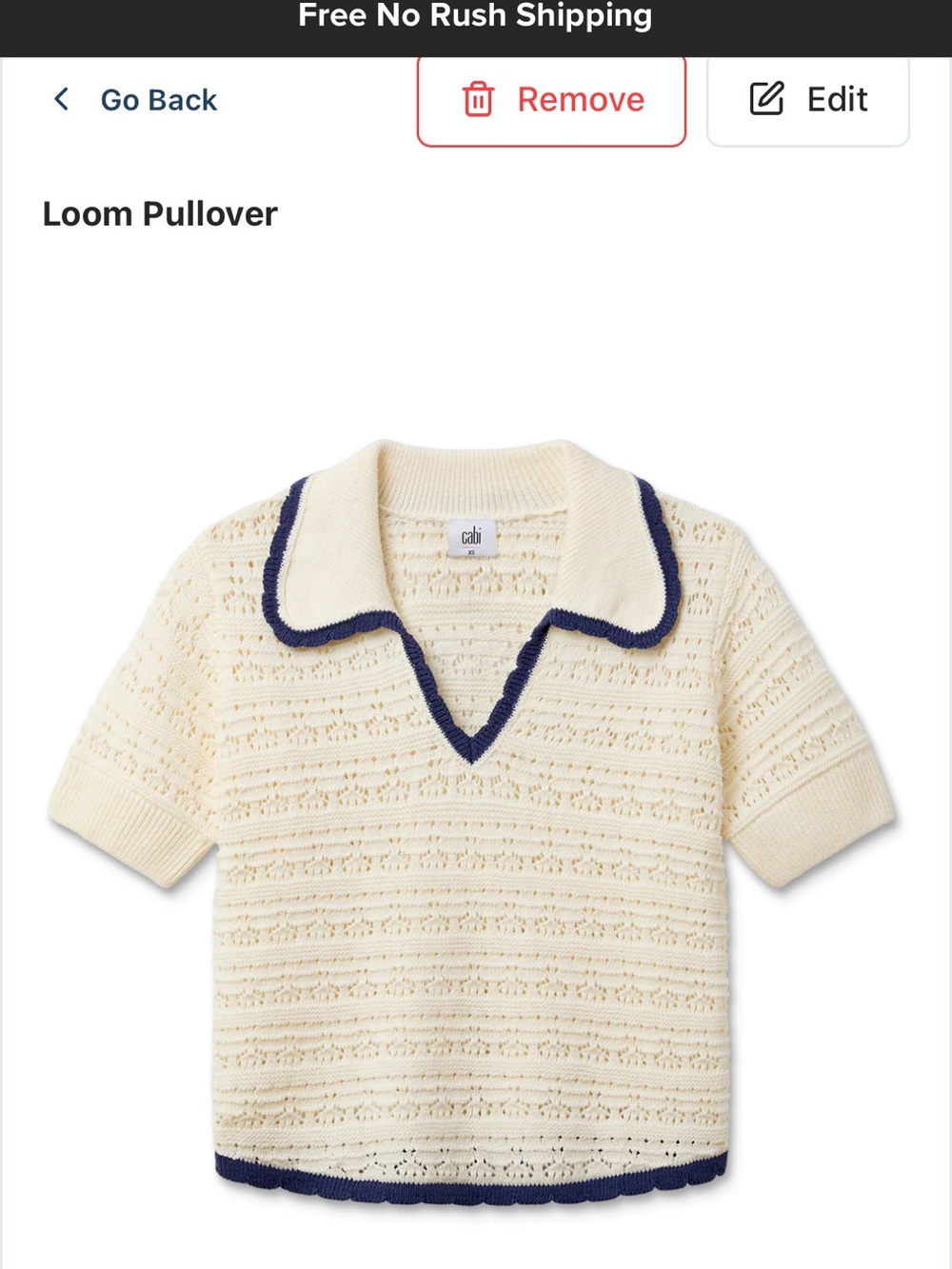 CAbi Cream Loom Pullover with Navy Trim - Picture 6 of 12